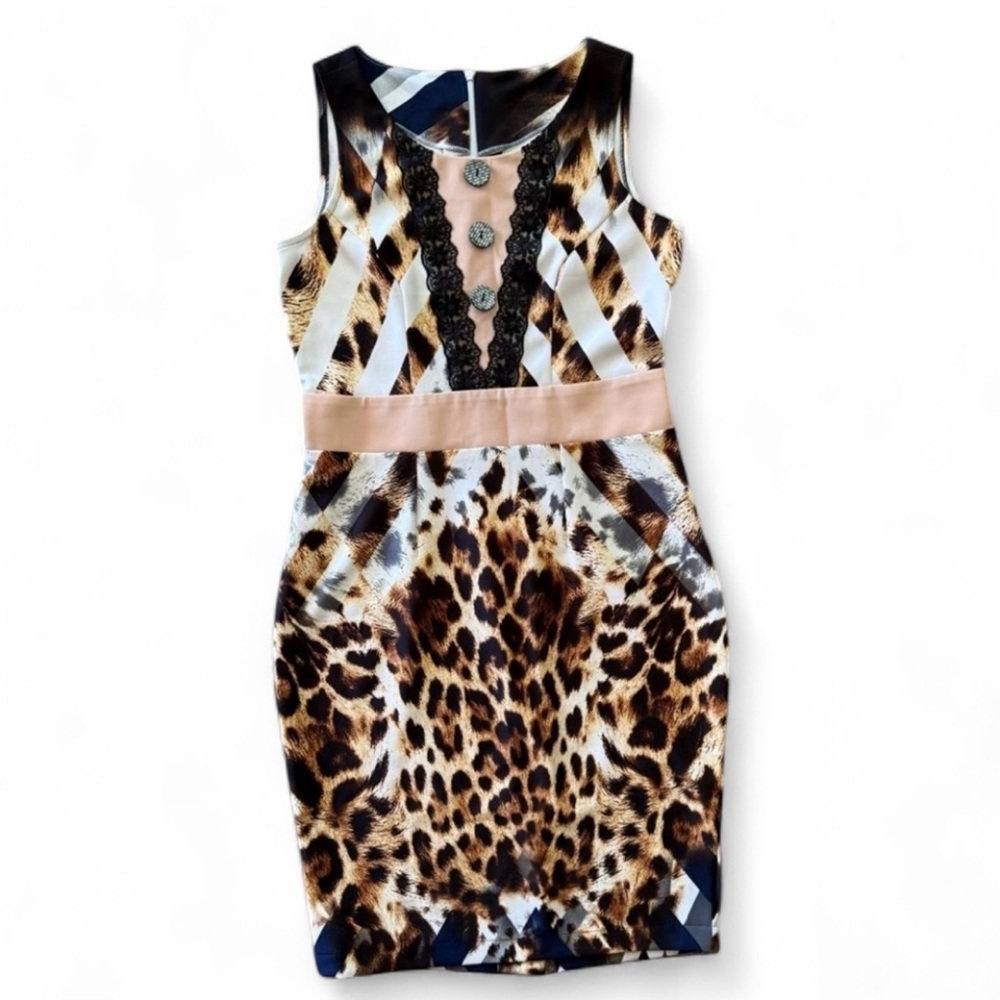 Elegant Animal Print Midi Dress with Lace Accents - Picture 2 of 8
